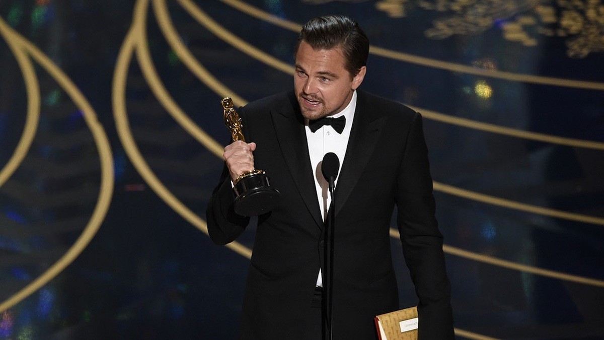 Leonardo DiCaprio accepts the Oscar for Best Actor