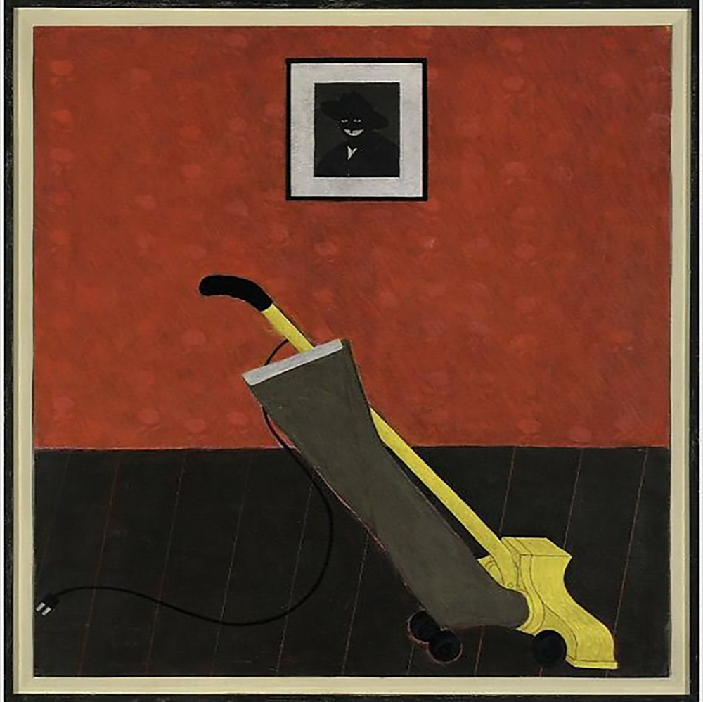 Portrait of the Artist & a Vacuum Artist:Kerry James Marshall (American, born Birmingham, Alabama 1955) Date:1981 Medium:Acrylic on paper Dimensions:62 1/2 × 52 1/2 in. (158.8 × 133.4 cm) Classification:Paintings Credit Line:Nasher Museum of Art at Duke Univeristy Museum purchase with additional funds provided by Nailya Alexander; Maya and Anatol Bekkerman; Jeff Bliumis; Henry and Ludmila Elinson; Dr. Robert E. Falcone; Mr. and Mrs. Robert L. Fromer; Alexandre Gertsman; Marilyn J. Holmes (T'72); INTART - International Foundation of Russian & Eastern-European Art, Inc.; Vladimir Kanevsky; Virginia Kinzey; JacquesLeviant; Innessa Levkova-Lamm; Dr. Boris Lipovsky; Mina E. Litinsky; Fran and Robert Malina; Teresa and Joseph Masarich; Marjorie Pfeffer; Anthony T. Podesta; Maya and Michael Polsky; Estate of Alek Rapoport; Vladimir Rapoport; Mrs. W.A.Y. Sargent in memory of Dr. Winston
