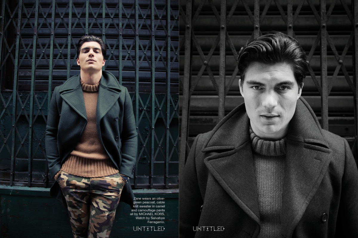 Zane wears an olive-green peacoat, cable knit sweater in camel and camoufla...
