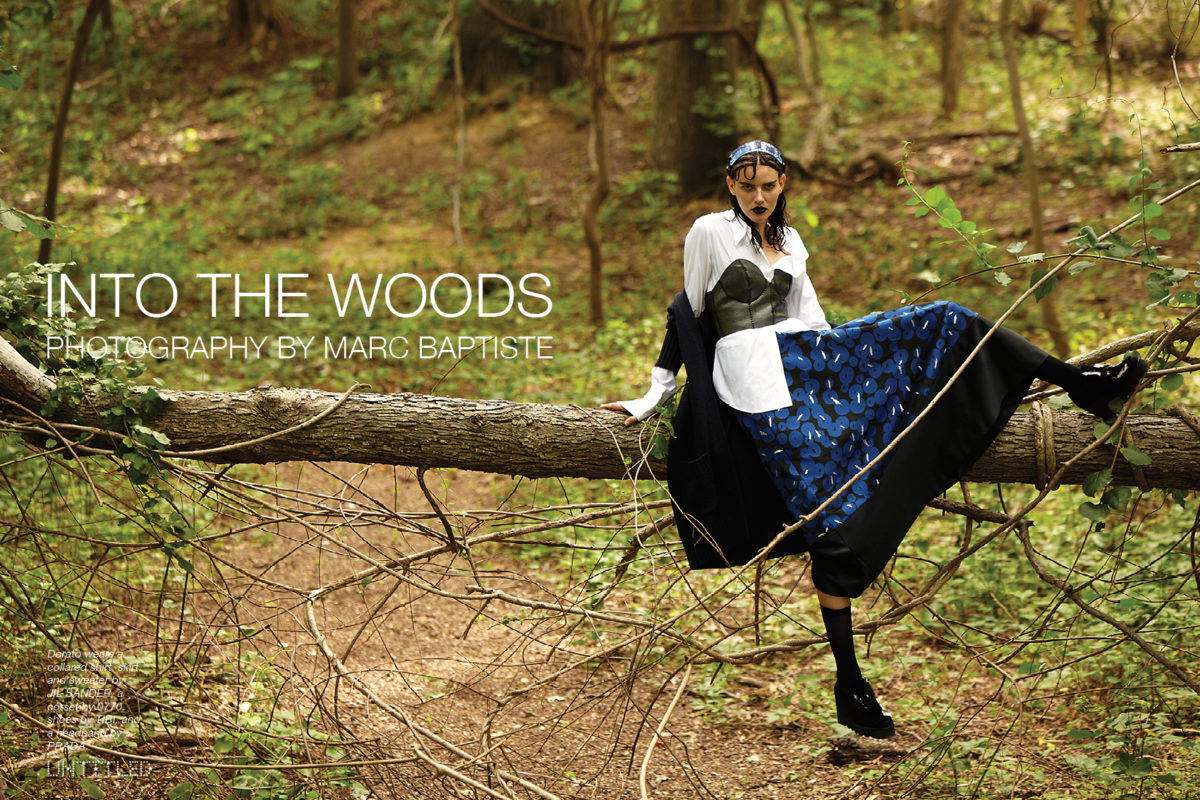 "Into The Woods" Photographed by Marc Baptiste for The Untitled Magazine. Dorato wears a collared shirt, skirt, and sweater by JIL SANDER, a corset by 0770, shoes by TIBI, and a headband by PRADA.