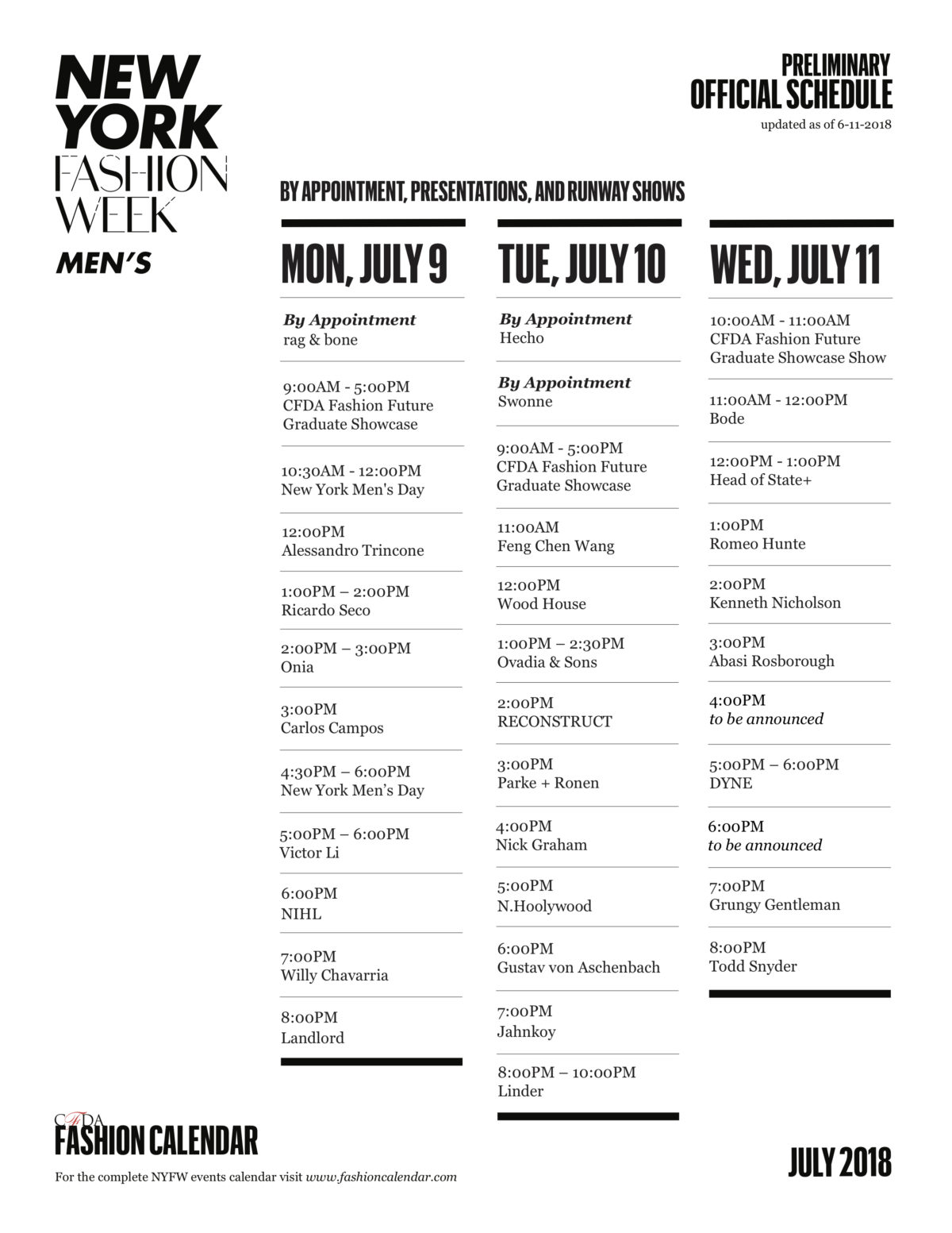 NYFW Mens July 2018 Preliminary Schedule 06 11 2018