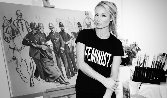 INDIRA CESARINE with painting in progress Arrested for Equality An Ode To The Suffragettes 2017 to be featured in She Inspires Exhibition The Untitled Space May 2017 copy 1
