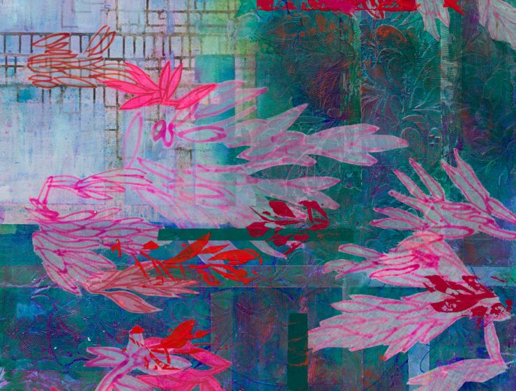 Lisa Petker Mintz Pink Yuccas 3 Acrylic Fabric on Canvas 48 x 36 2025 detail