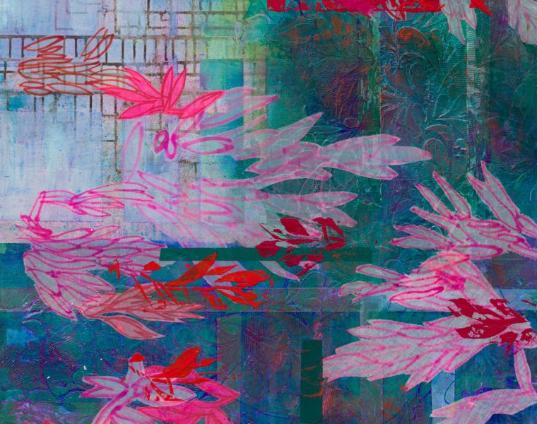 Lisa Petker Mintz Pink Yuccas 3 Acrylic Fabric on Canvas 48 x 36 2025 detail