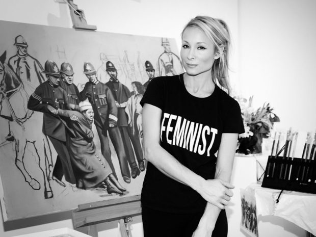 INDIRA CESARINE with painting in progress Arrested for Equality An Ode To The Suffragettes 2017 to be featured in She Inspires Exhibition The Untitled Space May 2017 copy 1 900x600 1